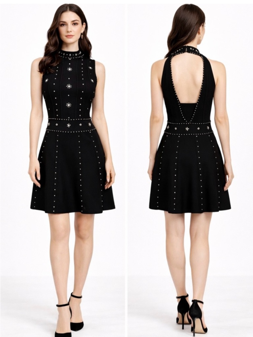 Sandro Black Studded Halter Mini Dress